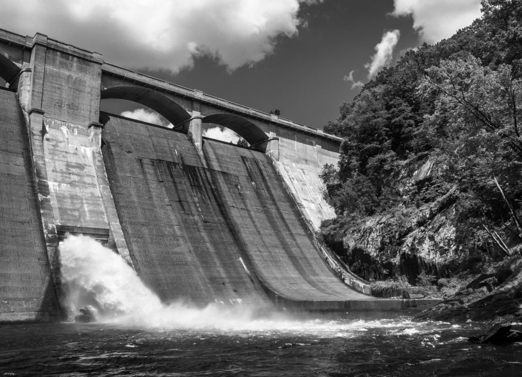 Prettyboy Dam, along the Gunpowder River in Baltimore County, Maryland in black white