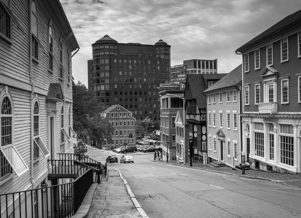 Thomas Street, in Providence, Rhode Island in black white