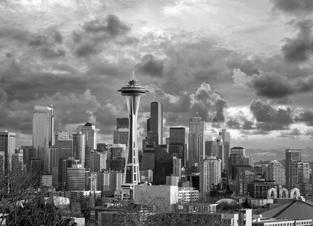 Seattle skyline at sunset, Washington, USA in black white