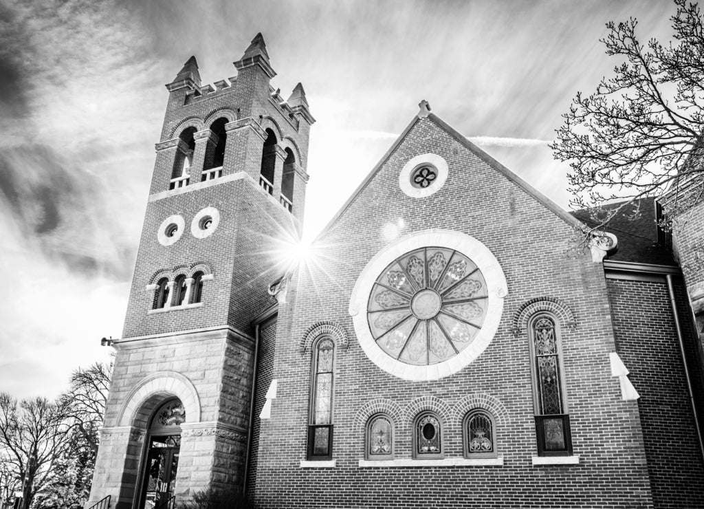Methodist church in small town USA Paxton Illinois in black white