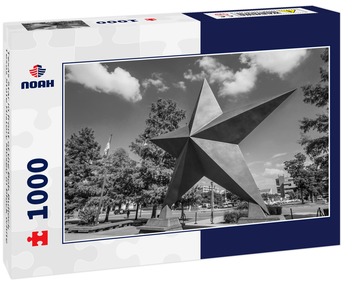 Texas Star in front of the Bob Bullock Texas State History Museu in black white
