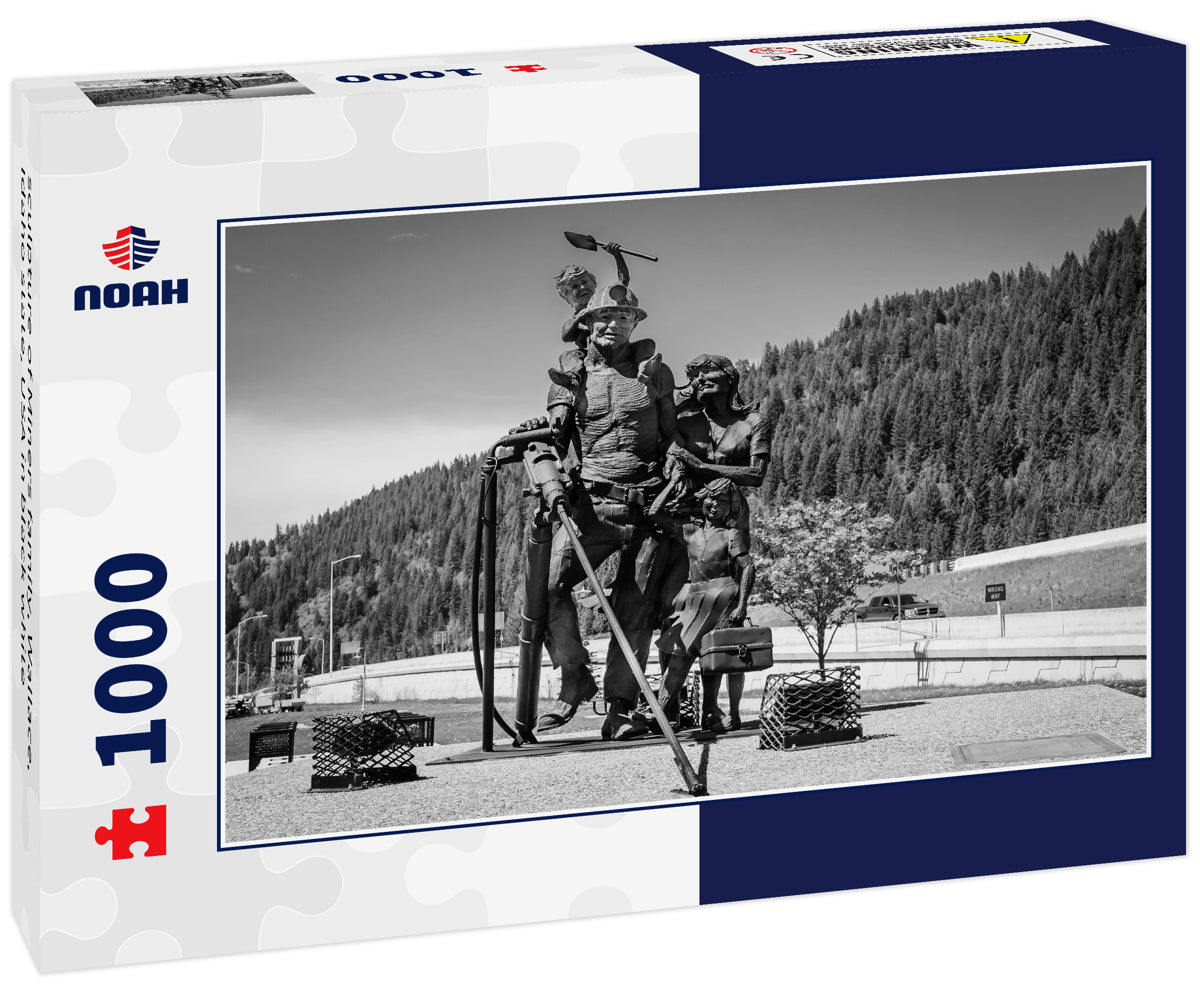 sculpture of Miners family, Wallace, Idaho state, USA in black white