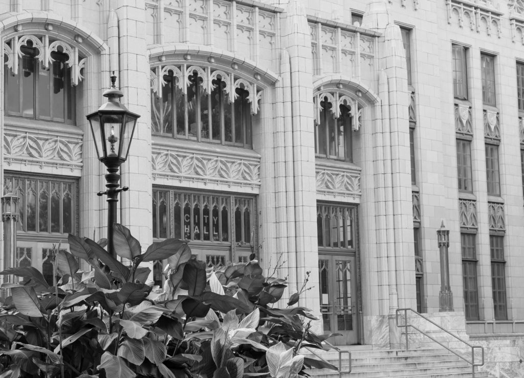 Entrance to neo-gothic Atlanta City hall, Georgia USA in black white