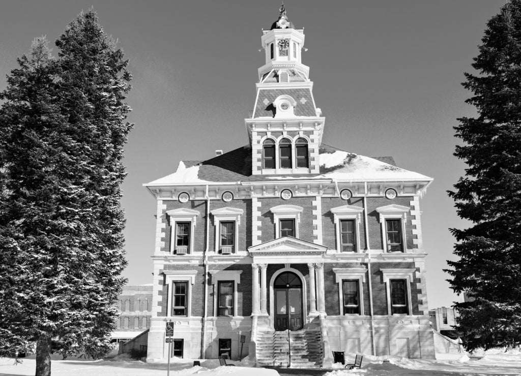 Old courthouse in Macomb, Illinois in black white