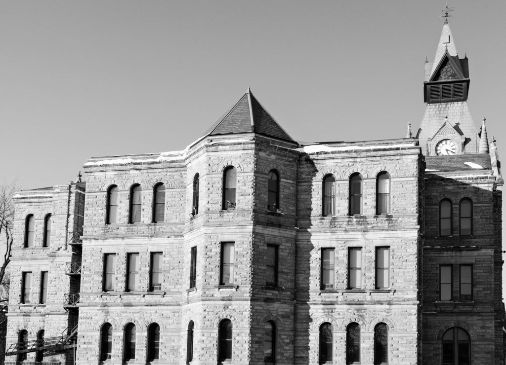 Old courthouse in Galesburg, Knox County, Illinois in black white