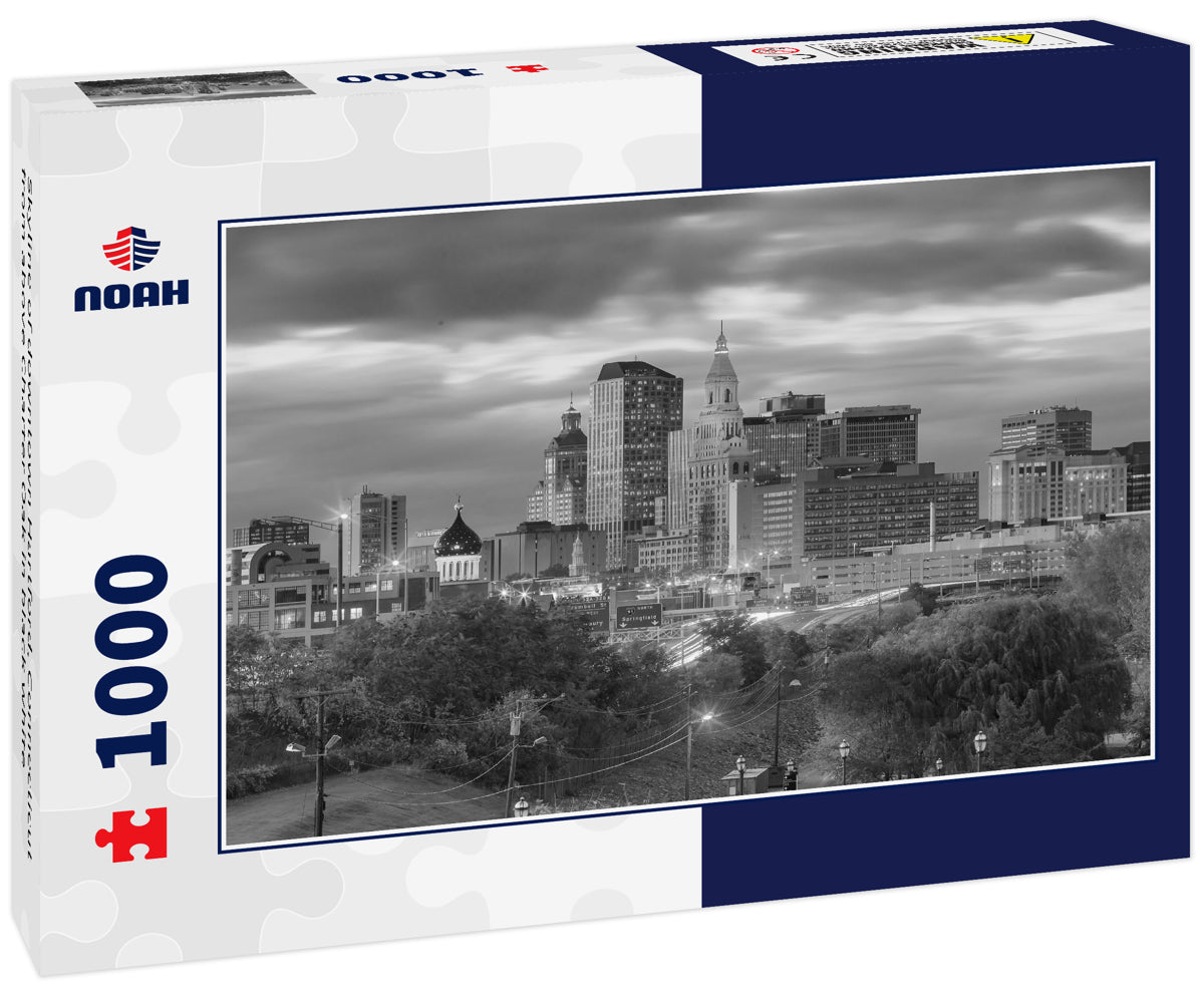 Skyline of downtown Hartford, Connecticut from above Charter Oak in black white