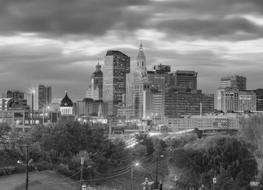 Skyline of downtown Hartford, Connecticut from above Charter Oak in black white