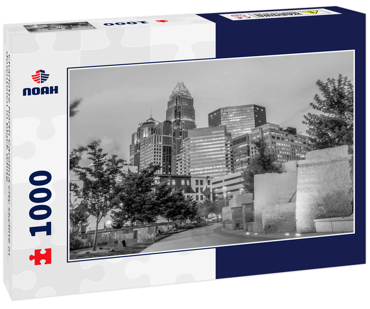 Charlotte North Carolina city skyline in downtown in black white