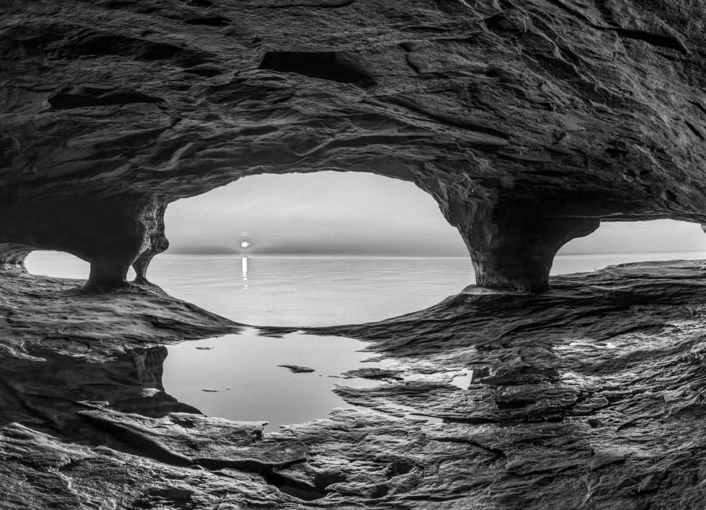 Sunset Sea Cave, Lake Superior, Michigan in black white