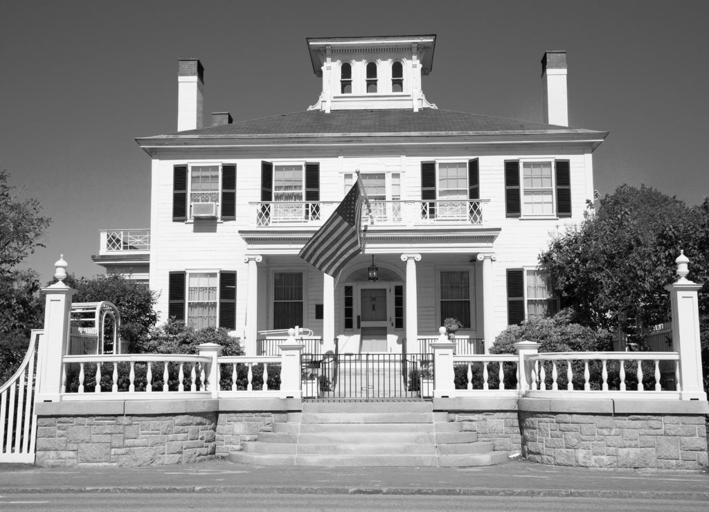 Maine Governors Mansion with US Flag, Augusta, Maine, the state capital of Maine in black white