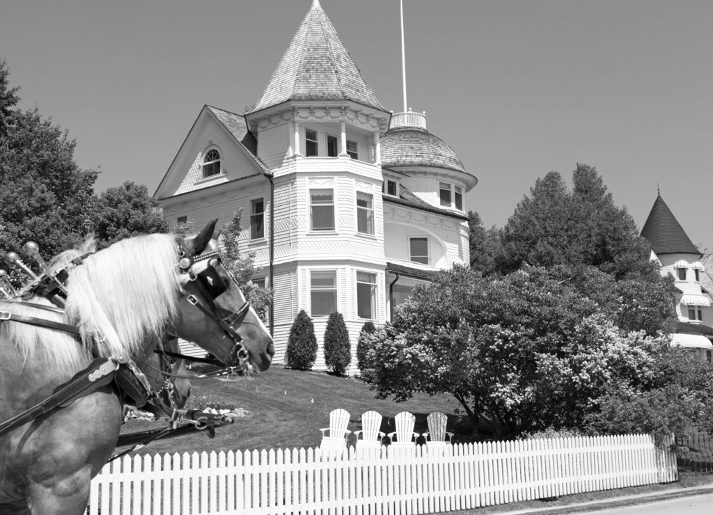 Wedding Cake Cottage on West Bluff Road - Mackinac Island Michigan in black white