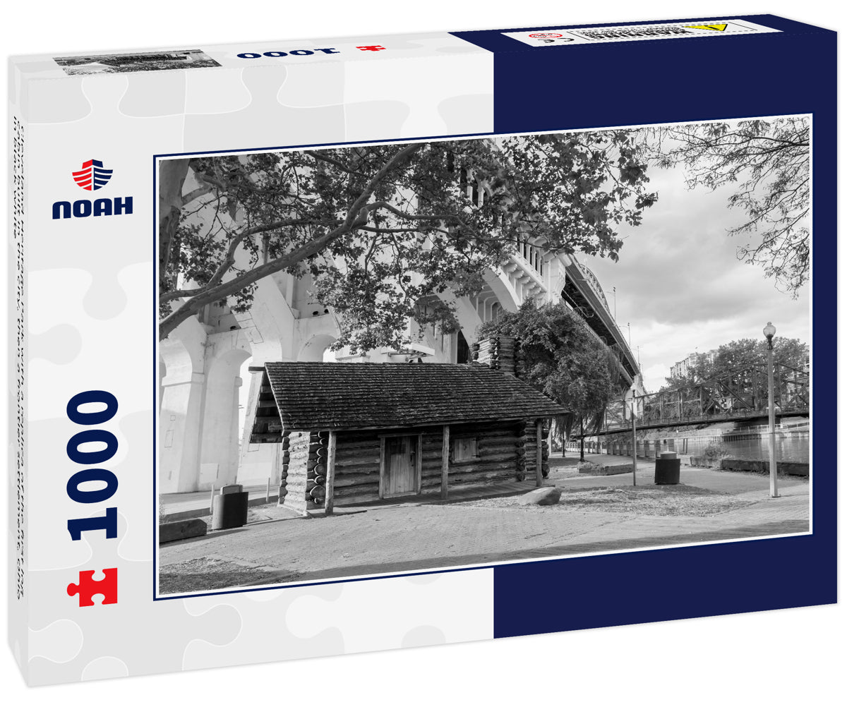 Cleveland Heritage Park with a replica of the first log cabin built in the city, then a frontier settlement, Ohio in black white