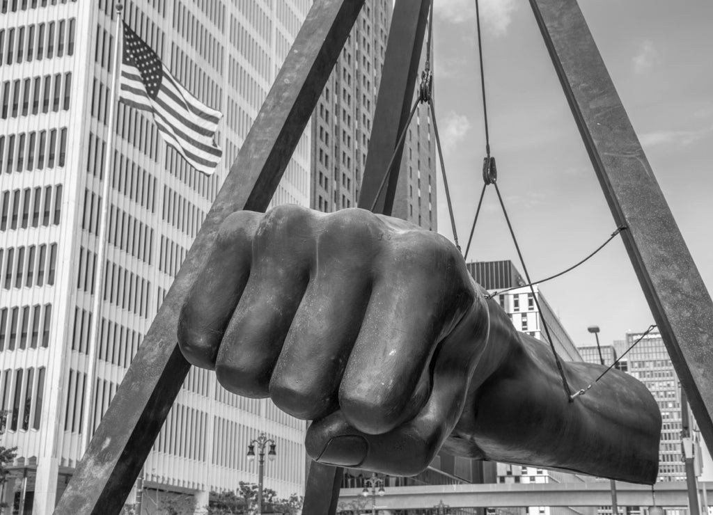 Joe Louis Fist, Detroit Michigan in black white