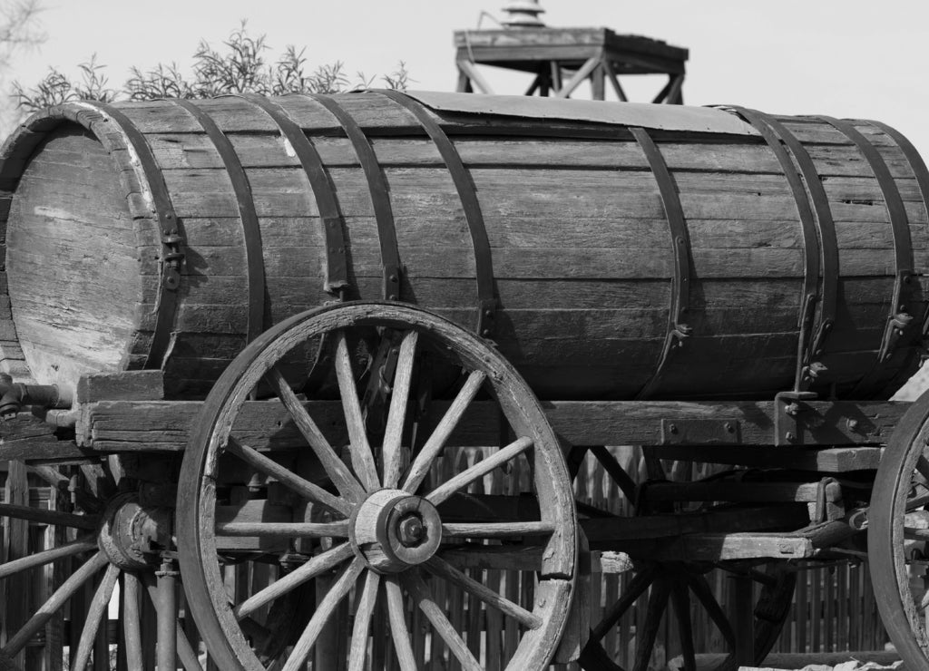 Vintage red fire wagon in Calico Ghost Town, owned by San Bernardino County, California in black white