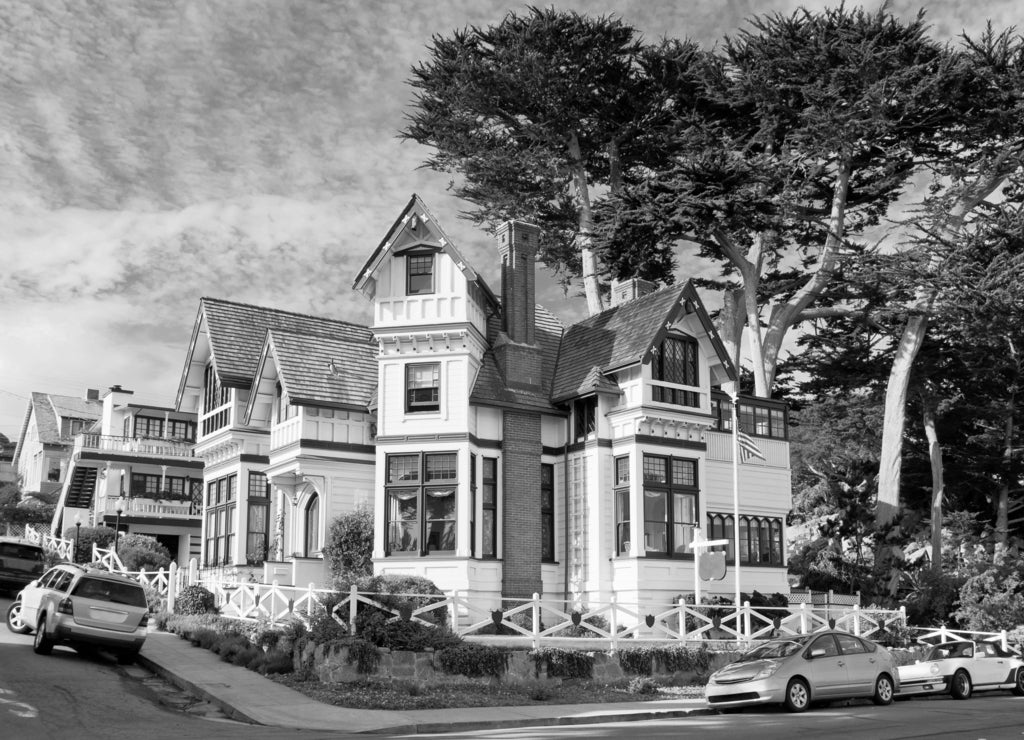 Street in Pacific Grove, Monterey, California, USA in black white