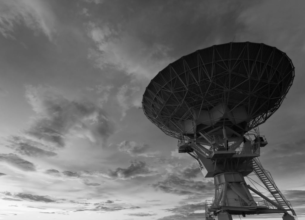Radio Telescope at Sunset, New Mexico in black white