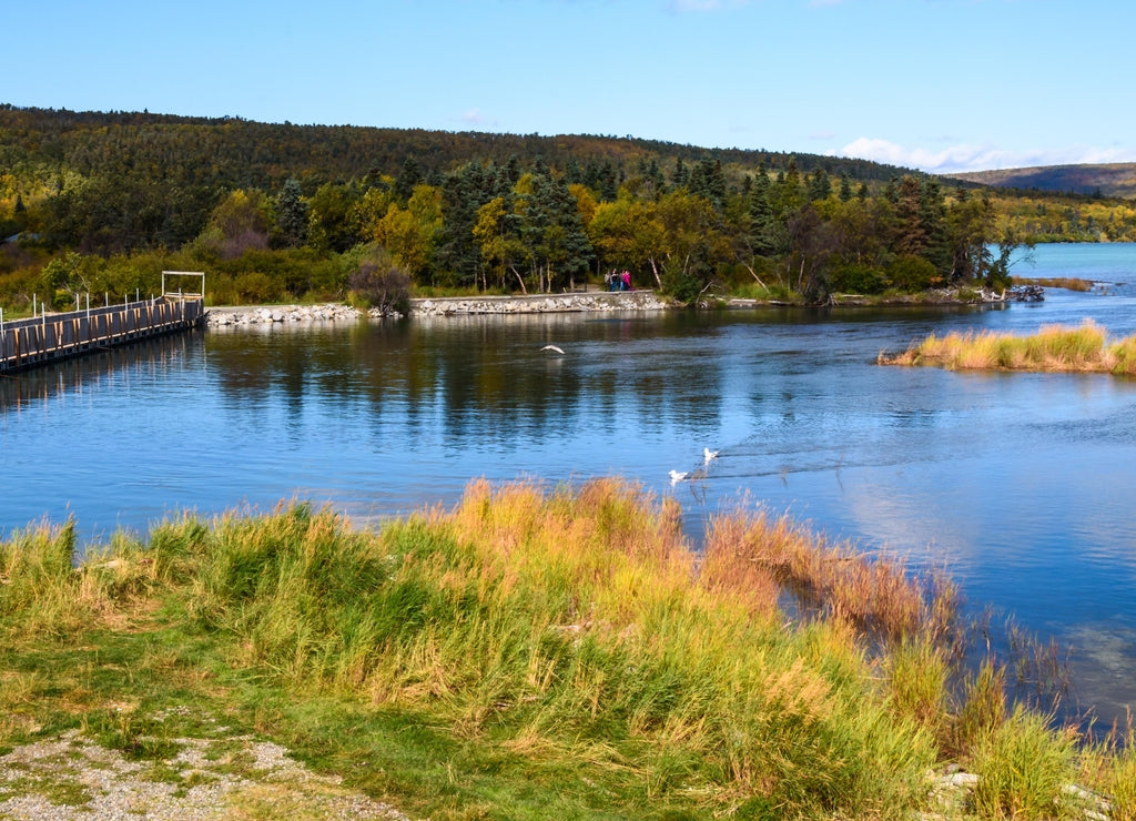 Peaceful landscape at Naknek Lake, Alaska, with glacial blue water, fall color, and cloudy white and blue sky