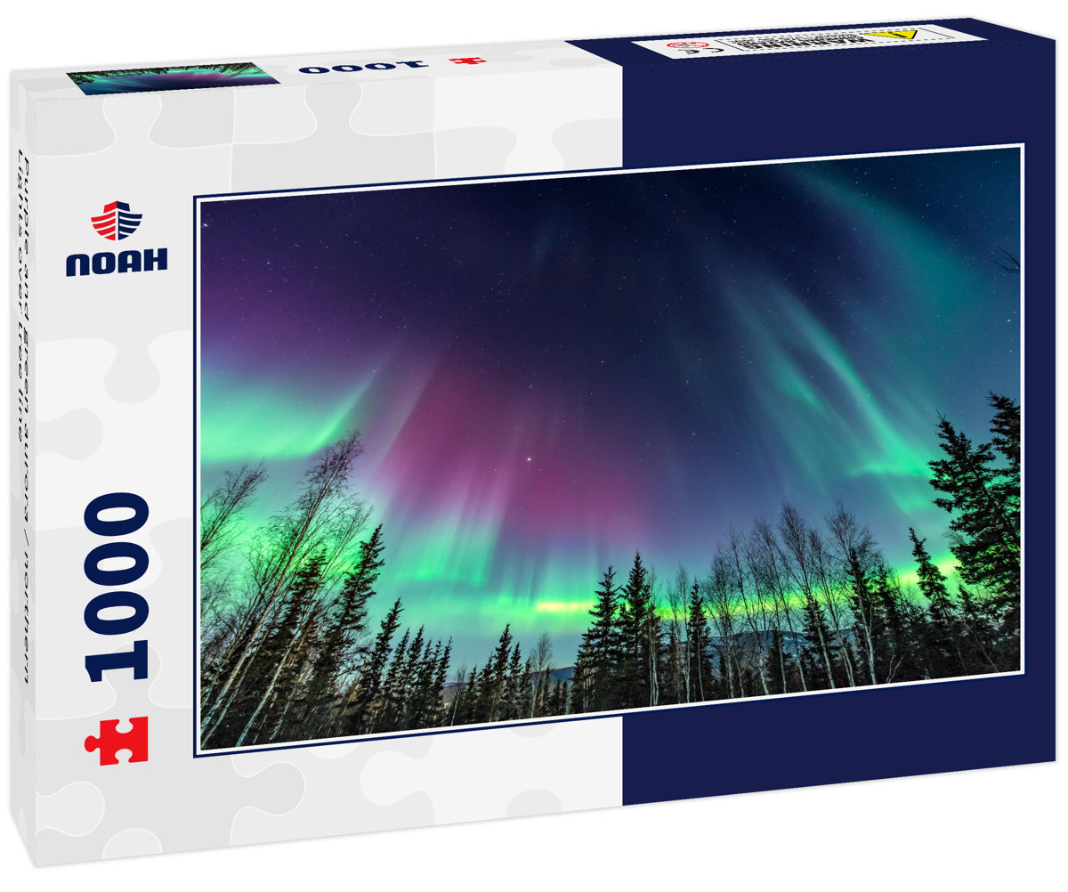 Purple and green aurora / northern Lights over tree line