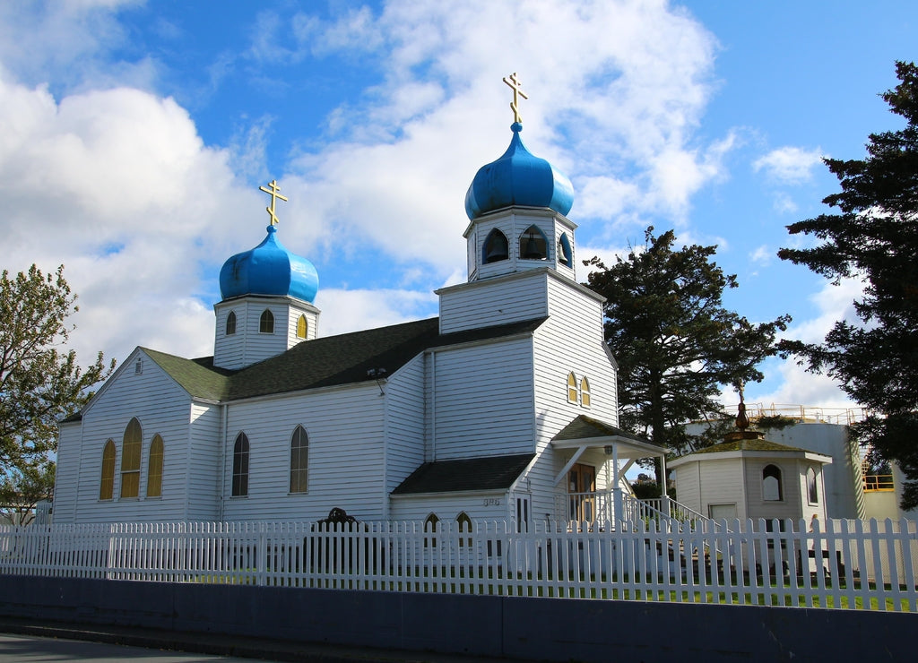 Alaska, The Holy Resurrection Church, a Russian Orthodox Church exterior in Kodiak, USA