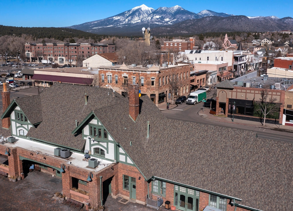 Morning aerial view of the historic downtown district of Flagstaff, Arizona, USA