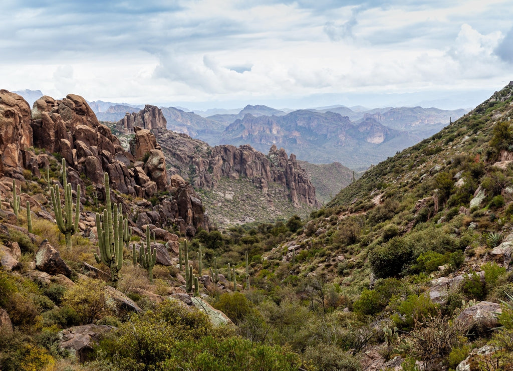 Morning landscape of rocky mountains and valley at Tonto National Forest