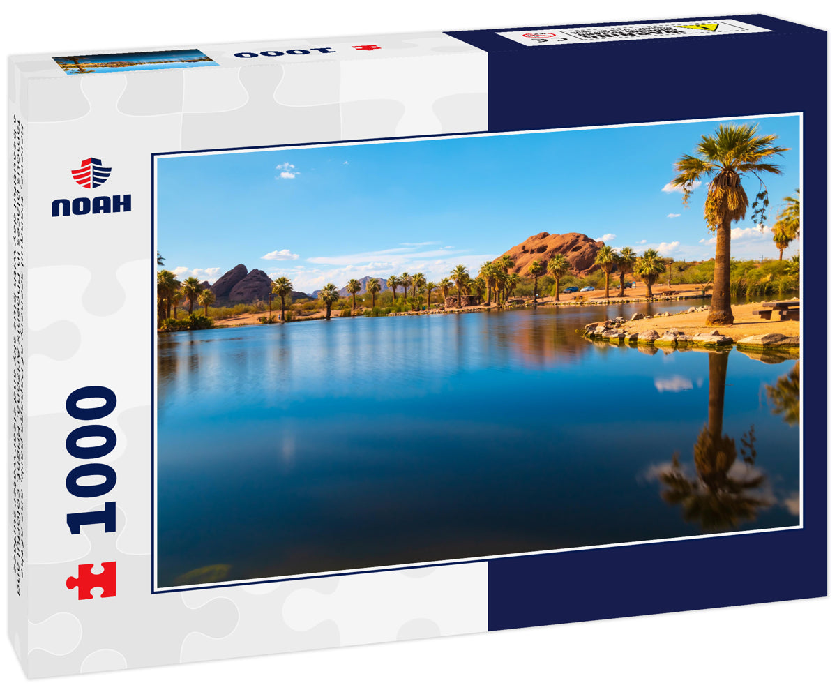 Serene, tranquil scenery of Papago park, one of the famous places in Phoenix Arizona. Bright, colorful and a beautiful day with blue sky and clear water surface