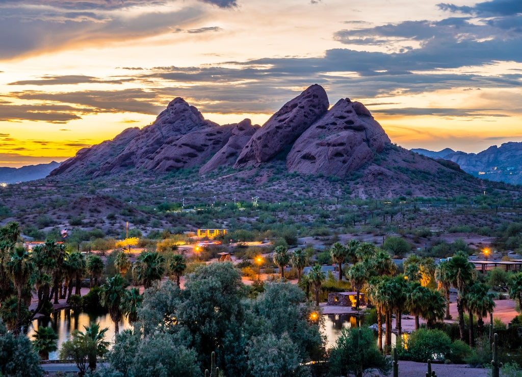 The red sandstone buttes of Papago Park in Arizona after sunset