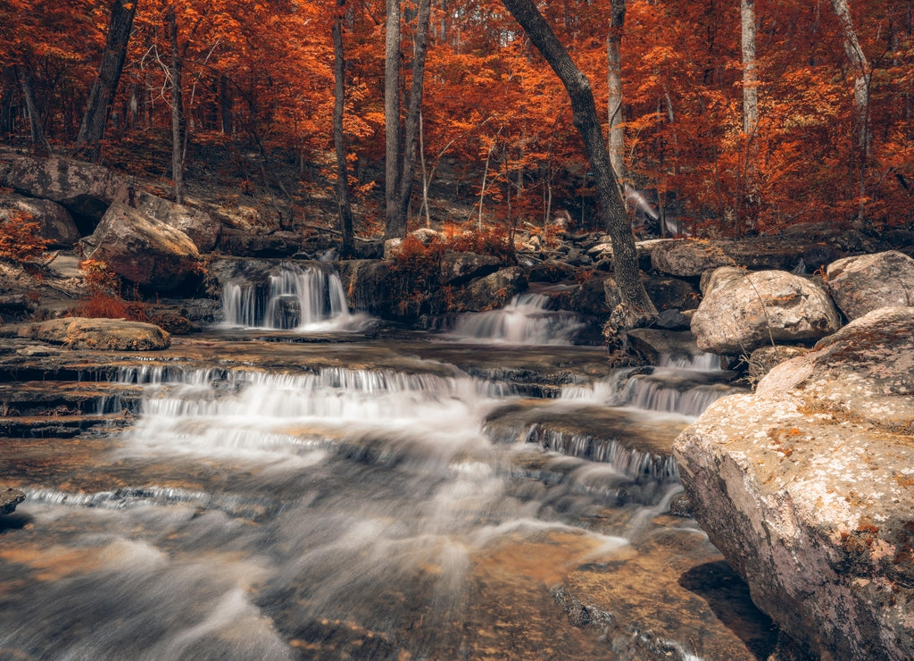 Collins creek cascade in Heber Springs Arkansas cascade waterfall flows during autumn season