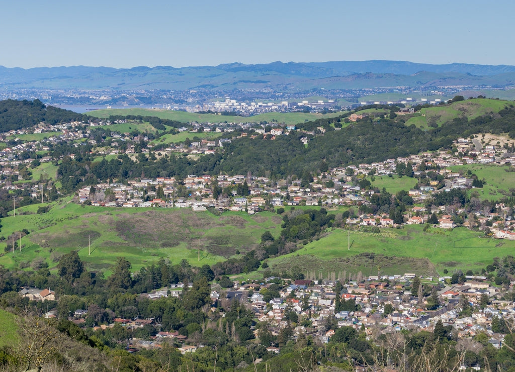 View towards residential neighborhoods in Richmond from Wildcat Canyon Regional Park, East San Francisco bay, Contra Costa county, California