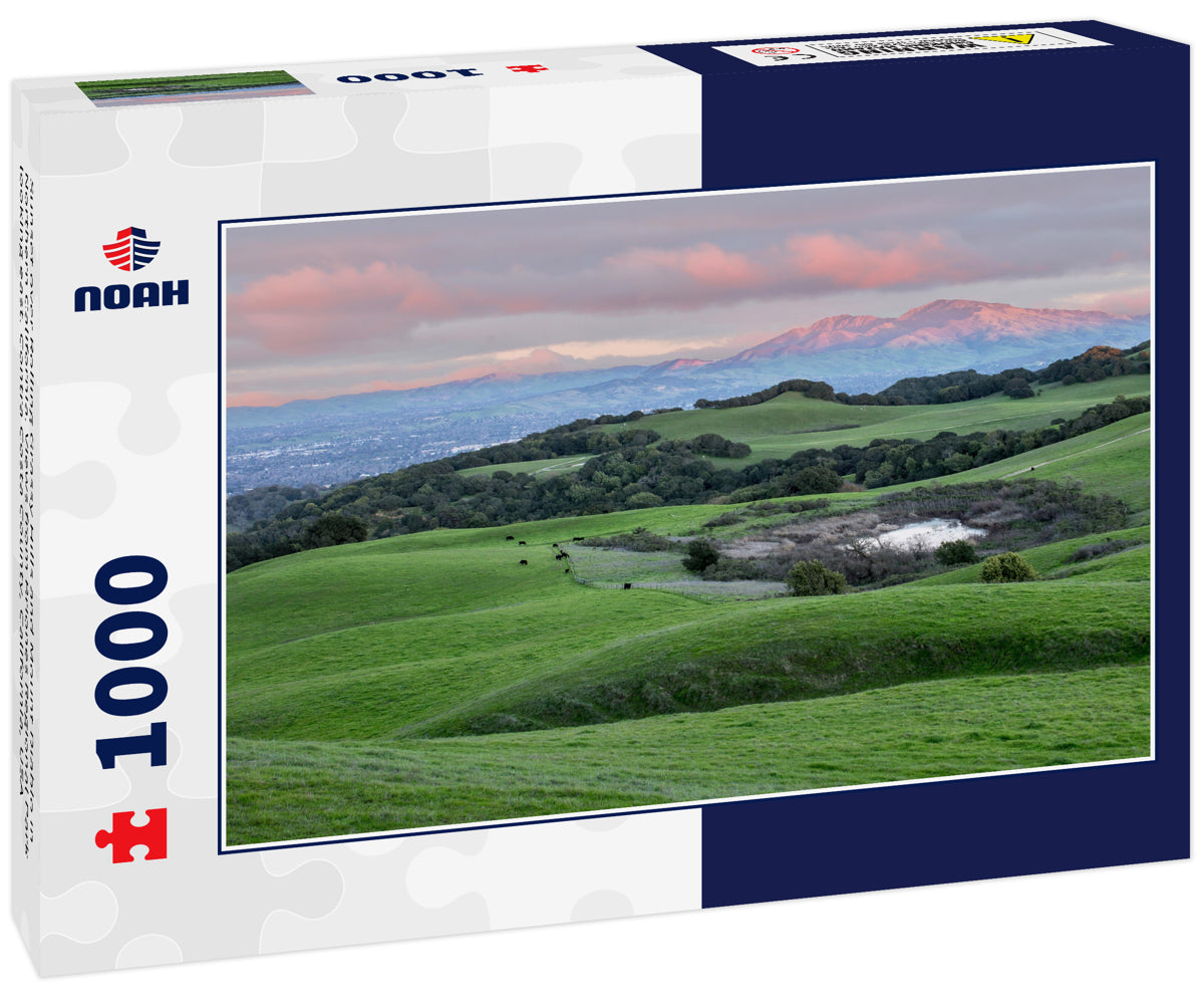 Sunset over Rolling Grassy Hills and Mount Diablo in Northern California. Views from Briones Regional Park looking east. Contra Costa County, California, USA
