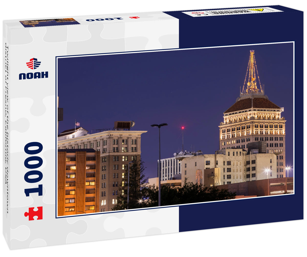 Twilight view of the historic downtown district of Fresno, California, USA