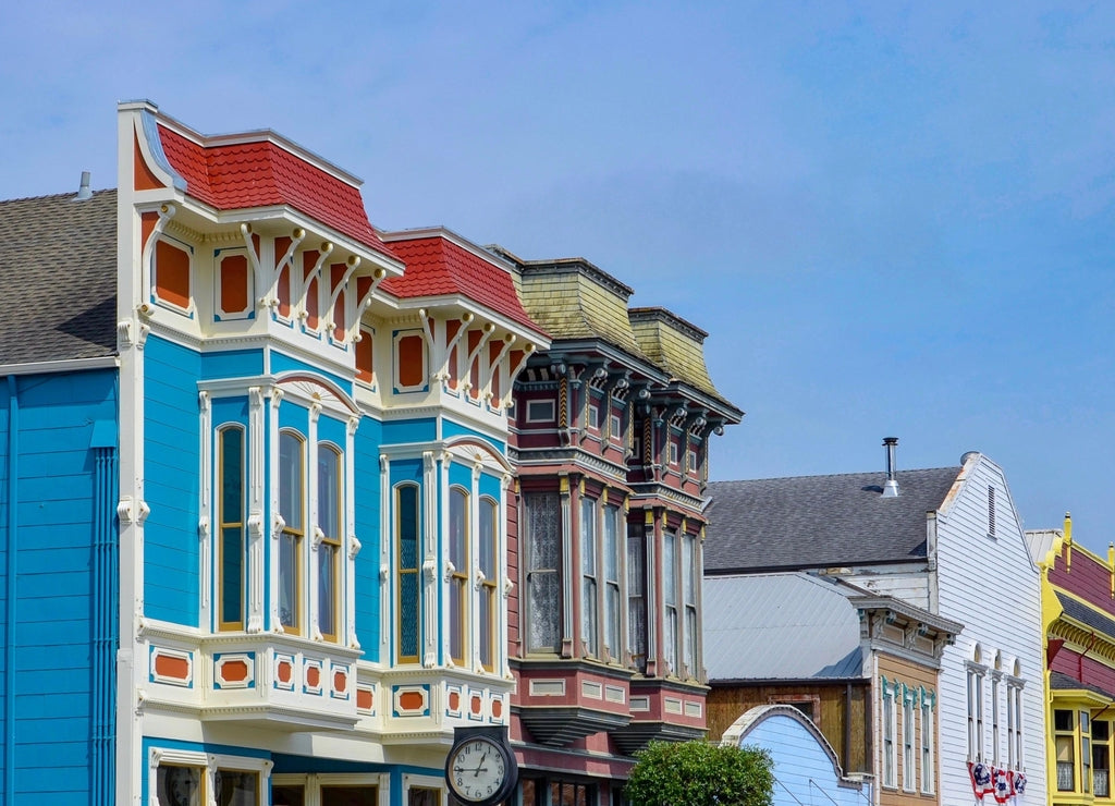 Colorful houses in Ferndale in Humboldt County, California, USA, famous for its Victorian architecture, a sunny day in summer
