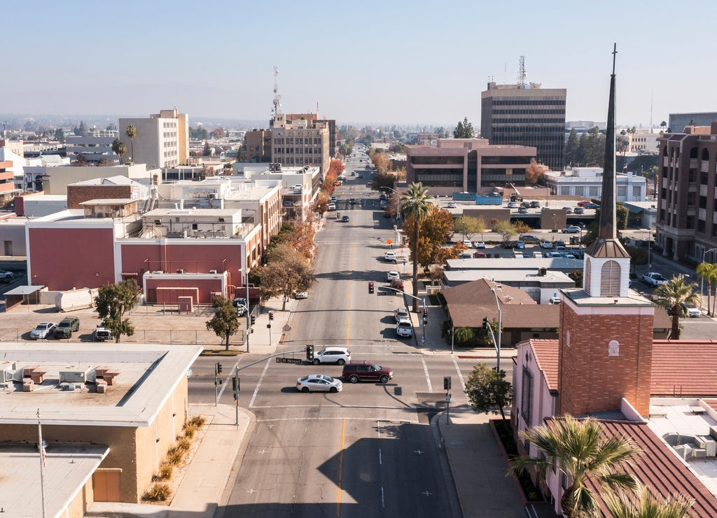 Afternoon aerial skyline view of downtown Bakersfield, California, USA