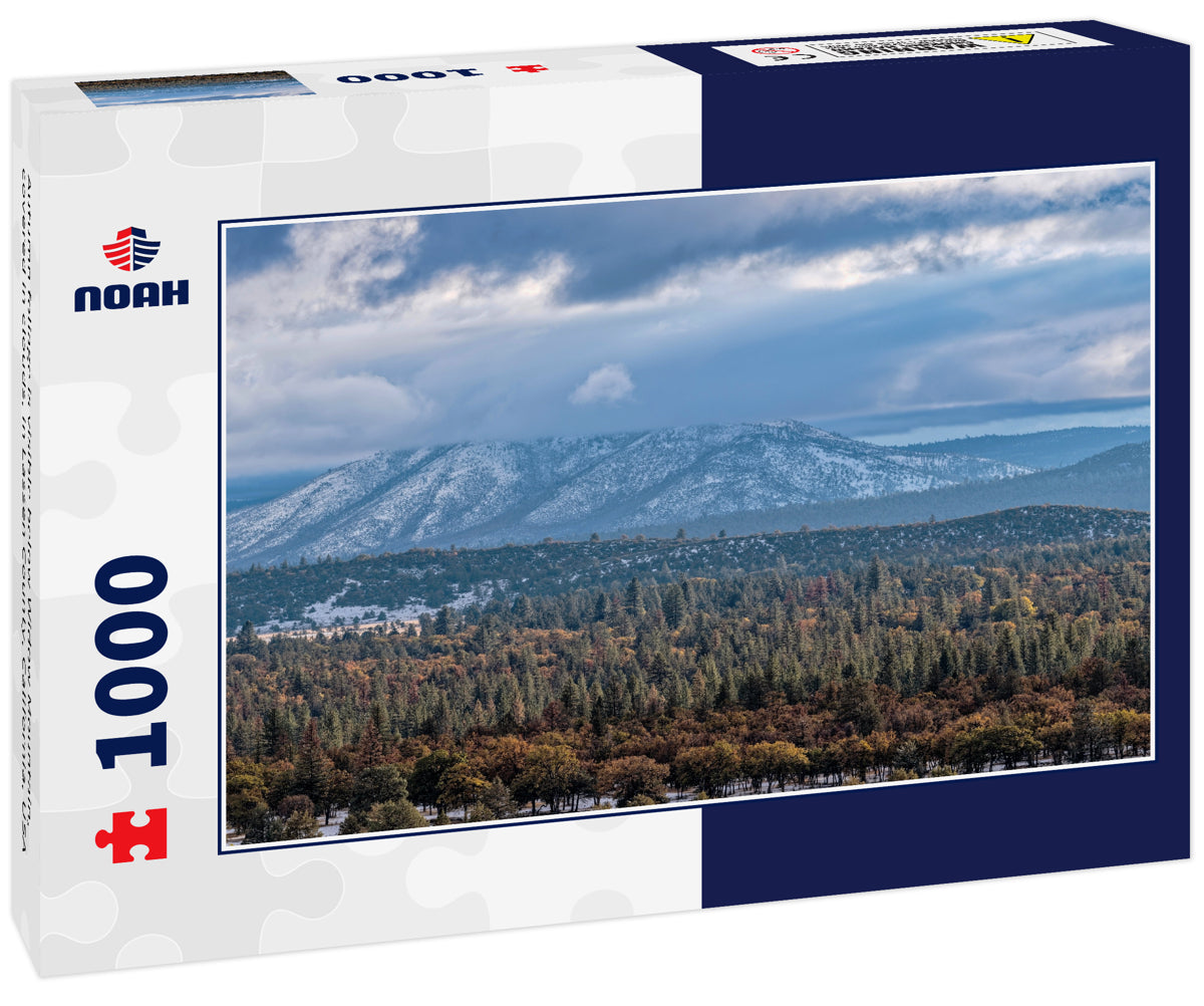 Autumn foliage is visible below Widow Mountain, covered in clouds, in Lassen County, California, USA