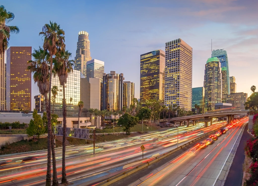 Beautiful sunset of Los Angeles downtown skyline
