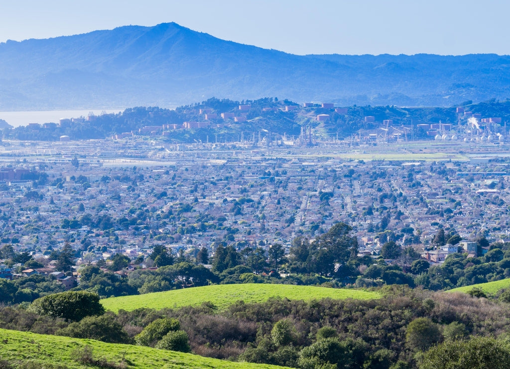View towards Richmond from Wildcat Canyon Regional Park, East San Francisco bay, Contra Costa county, Marin County in the background, California