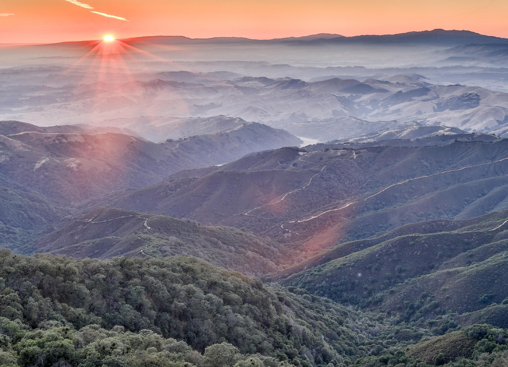 Sunset over the surrounding mountains of Fremont Peak State Park. San Benito and Monterey Counties, California, USA