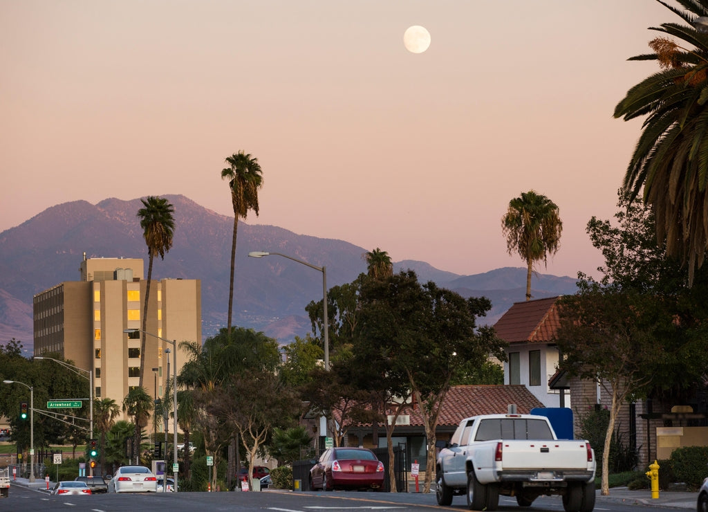 Twilight sunset view of the skyline of downtown San Bernardino, California, USA