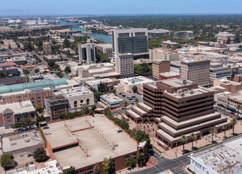 Daytime view of the downtown city center of Stockton, California, USA