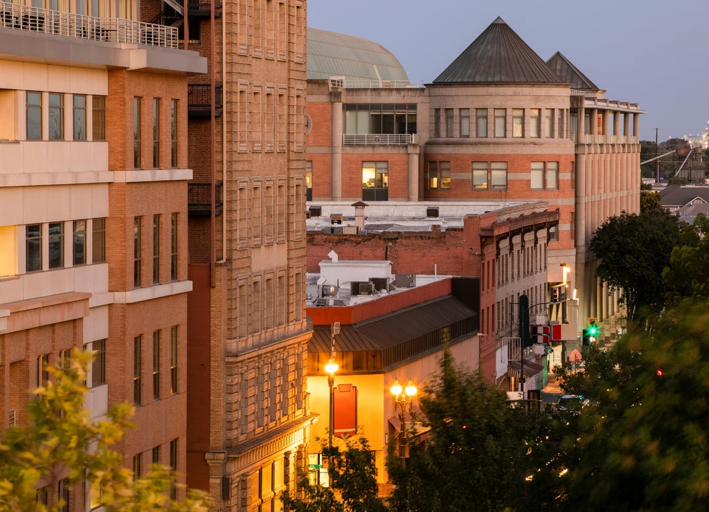 Nighttime twilight view of downtown Stockton, California, USA