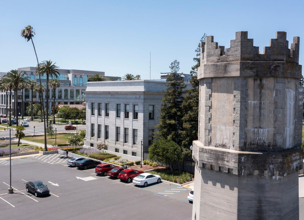 Daytime aerial view of the historic city center of Fairfield, California, USA