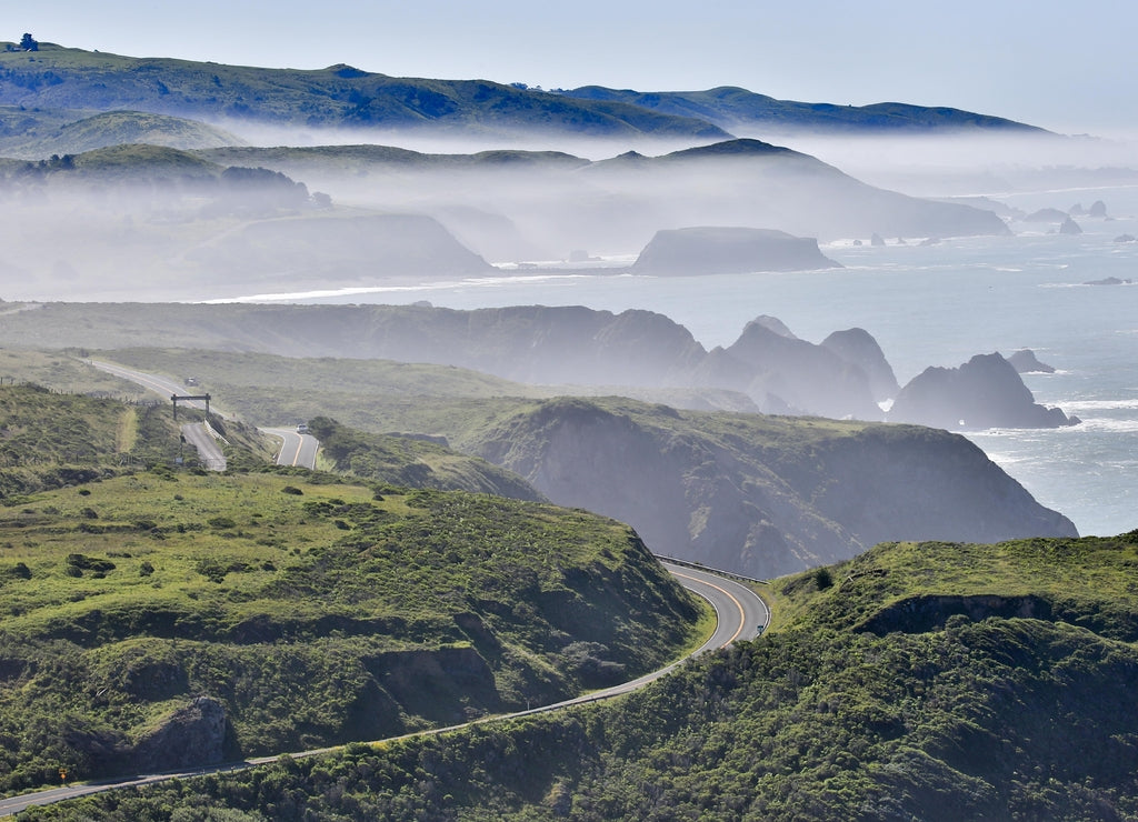 Foggy morning at Bodega Bay, Sonoma County, California, USA. Bodega Bay coastline in Sonoma Coast from highway one