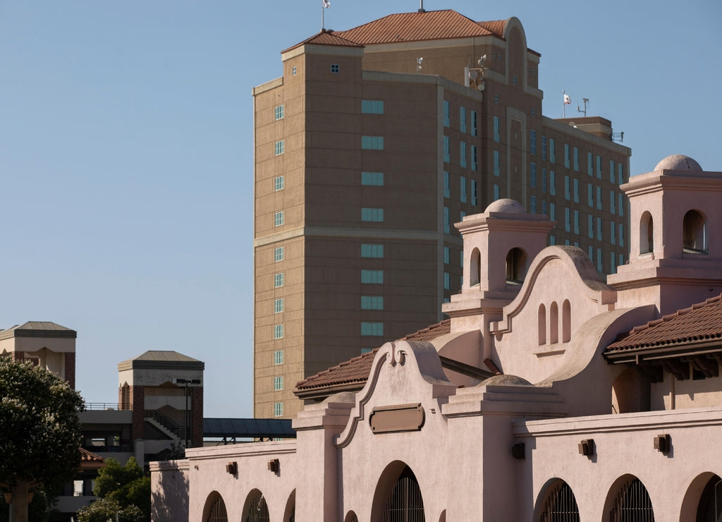 Afternoon view of the historic downtown skyline of Modesto, California, USA