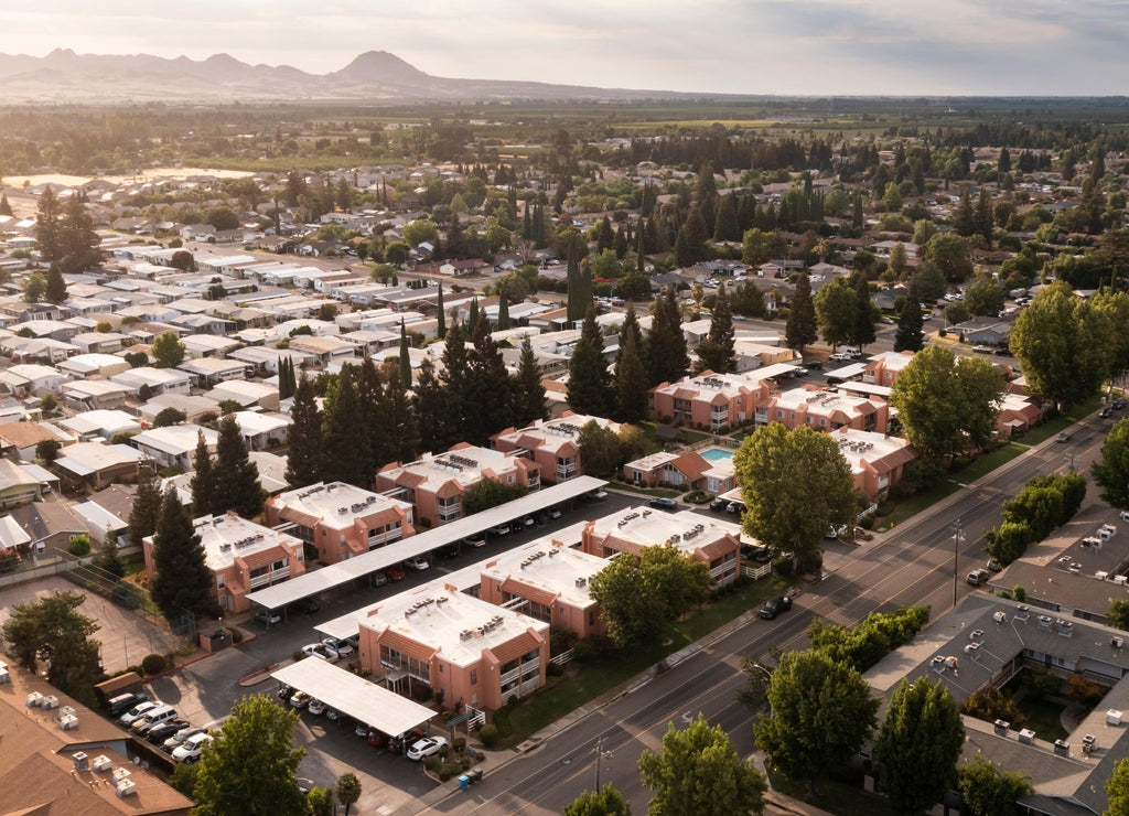 Afternoon aerial view of the urban core of downtown Yuba City, California, USA