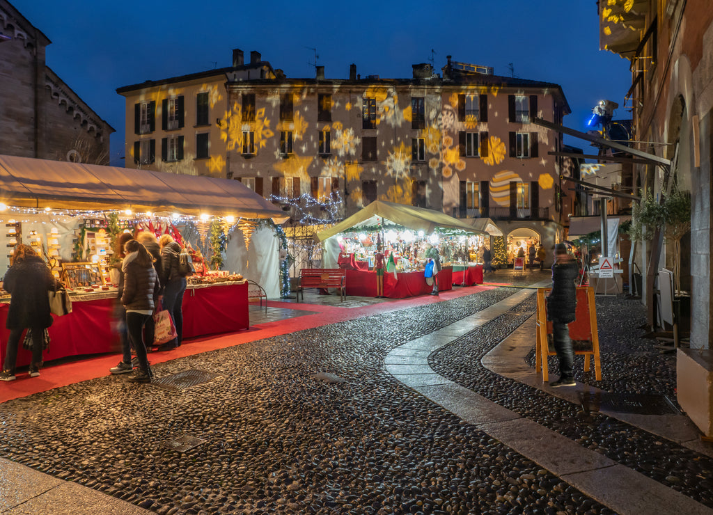 Christmas markets in the historic center of Como, Italy. Christmas lights and decorations