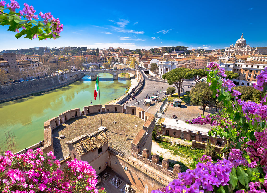 Eternal city of Rome. Panoramic colorful view over Tiber river and historic Rome landmarks