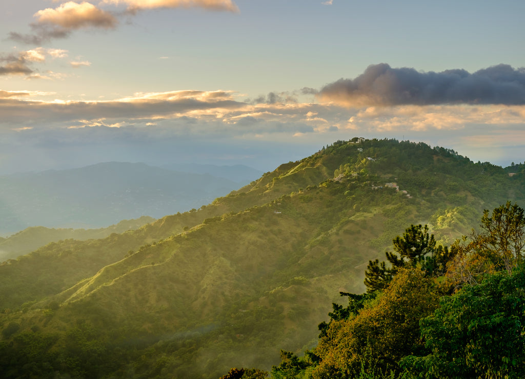 View from and of The Blue Mountains at sunset, Jamaica