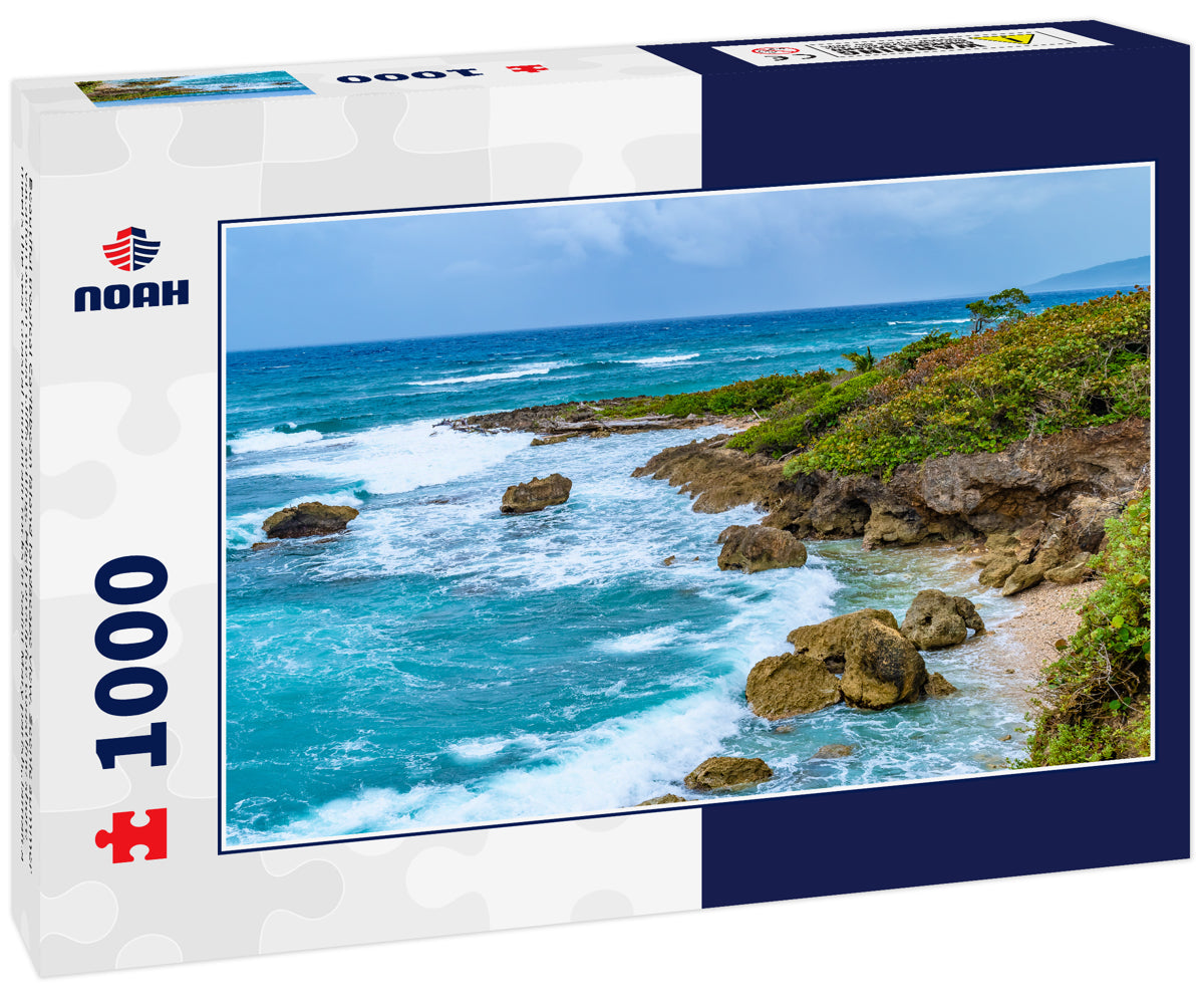 Beautiful tropical Caribbean island landscape view. Scenic summer vacation ocean coast cliffs setting. High precipice coastline shore meets the sea. Coastal mountain rocks in Saint Mary parish,Jamaica