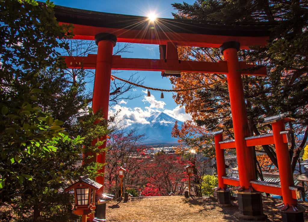 Red pole in path way up to Chureito pagoda fuji mountain viewpoint in Shimoyoshida, Japan