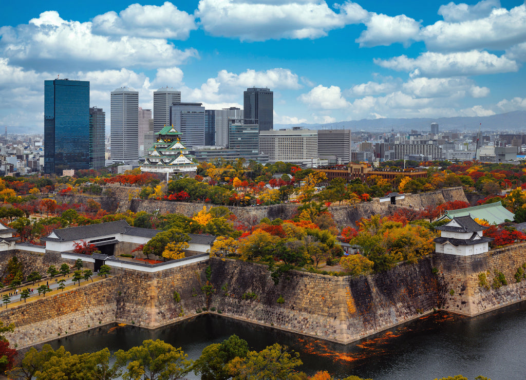 Cityscape from top view of Osaka city and Osaka castle